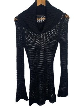 Vintage Guess Collection Size Small Black Crochet Tunic Sweater Cowl Neck Y2K